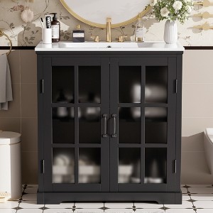 Christopher Knight Home Kae 30" Modern Rubberwood Bathroom Vanity with Ceramic Sink and Tempered Glass Doors - 1 of 4