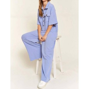Women's Basic Collar Shirt Wide Leg Jumpsuit - JADE BY JANE - 1 of 4