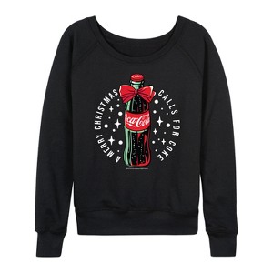 Women's - Coca-Cola - Happy Holidays Bottle Lightweight French Terry Wide Neck Long Sleeve Graphic Shirt - 1 of 4
