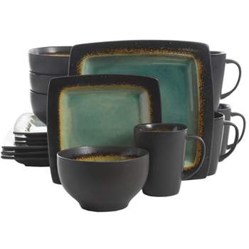 Gibson Elite Ocean Paradise 16 Piece Soft Square Glazed Dinnerware Kitchen Dish Set with Multi Sized Plates, Bowls, and Mugs, Jade