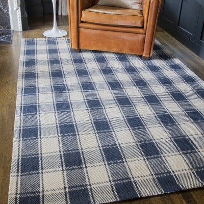 Navy and Ivory Plaid Wool Rectangular Area Rug