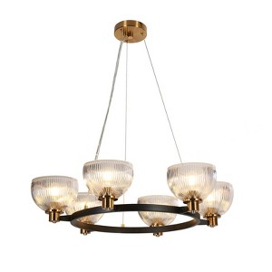 LNC Hairurin 6-Light 30.9" Modern Wagon Wheel Candle Oversized Chandelier, Matte Black and Polished with Strip Glass - 1 of 4
