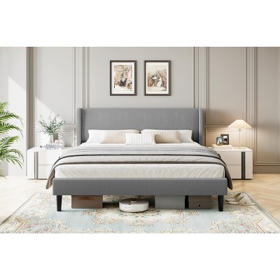 Upholstered Full Bed Frame with Wingback Headboard, Velvet Upholstery Platform Bed,No Box Spring Needed