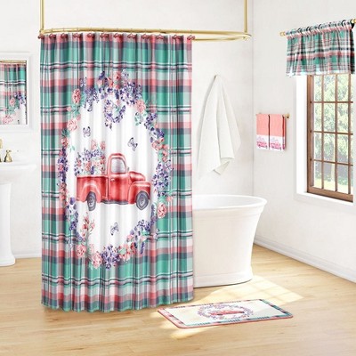 Floral Plaid Polyester Shower Curtain with Red Truck Design