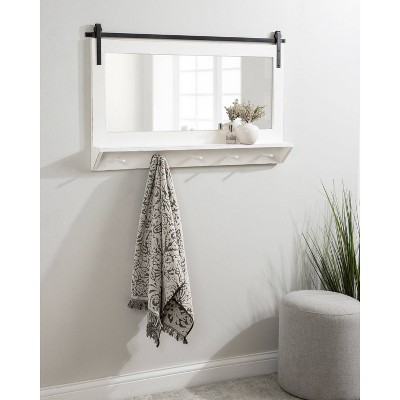 White Rectangular Wood Wall Mirror with Shelf and Hooks