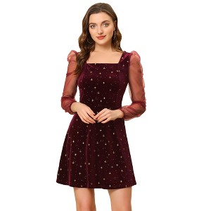 INSPIRE CHIC Women's Mesh Sheer Puff Long Sleeve Square Neck Glitter Star Mini Velvet Dress - 1 of 4