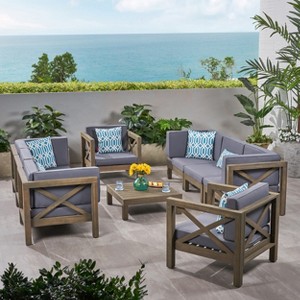 Christopher Knight Home Bruce 8 Seater Acacia Wood Patio Set with Slatted Coffee Table and Cushions - 1 of 4