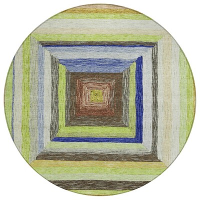 HomeRoots 8' Lime Green Navy Blue And Brown Round Geometric Washable Indoor Outdoor Area Rug