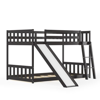Infans Twin over Twin Bunk Wooden Low Bed with Slide Ladder for Kids Espresso