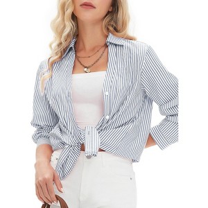 EXLURA Womens Striped Button Down Shirts Long Sleeve Stylish Collared Office Work Blouses Tops - 1 of 4