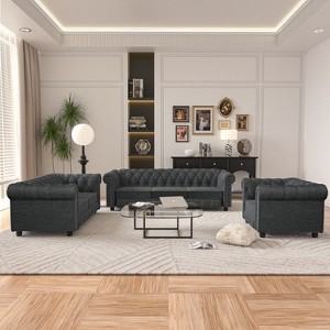 6 Seater 3pcs Linen Chesterfield Couches, Armchair Loveseat Sofa Set Tufted Couch for Living Room -Morden Fort - 1 of 4