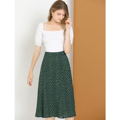 Green Floral Chiffon Midi Skirt with Elastic Waist