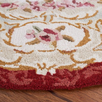 Ivory and Burgundy Floral Hand-Hooked Wool Round Rug