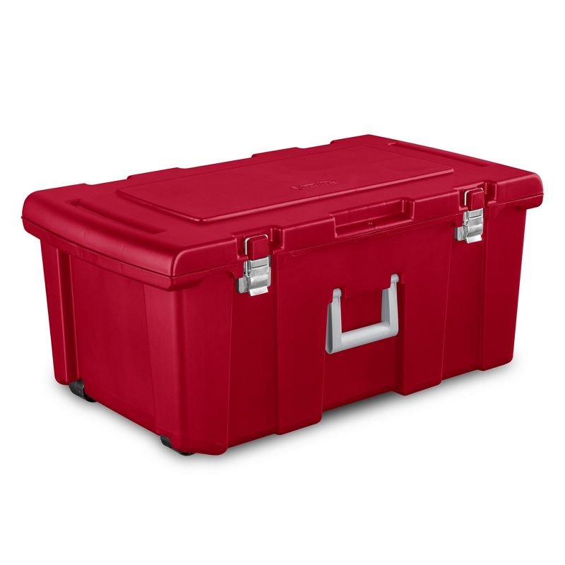 Sterilite 23 Gallon Lockable Storage Tote Footlocker Toolbox Container Box w/ Wheels, Handles, Metal Hinges, & Latches, Infra Red w/ Clips, 4 Pack, 2 of 7