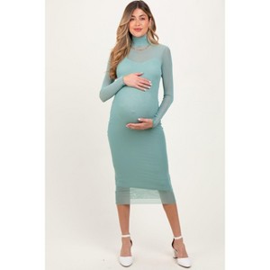 Pinkblush Light Olive Mesh Overlay Fitted Maternity Midi Dress - 1 of 3