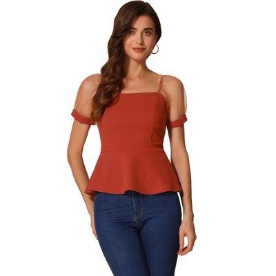 INSPIRE CHIC Women's Square Neck Mesh Sheer Short Sleeve Peplum Tops