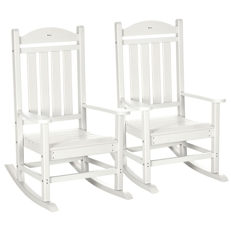 Outsunny Outdoor Rocking Chair, 2PCs Traditional Slatted Porch Rocker with Armrests, Fade-Resistant Waterproof HDPE for Indoor & Outdoor, White, 1 of 7