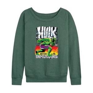 Women's - Marvel - Hulk Battles the Inhumans Lightweight French Terry Wide Neck Long Sleeve Graphic Shirt - 1 of 4