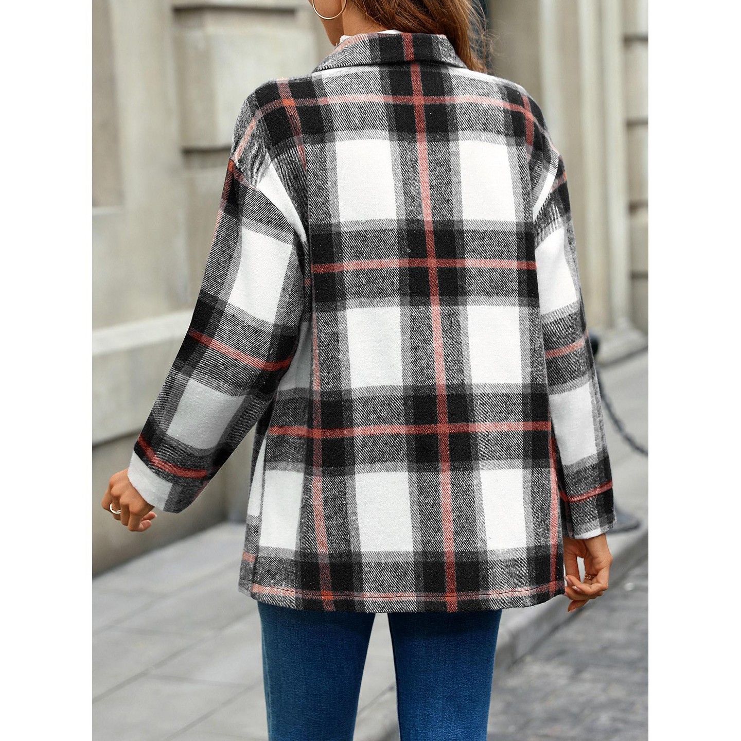 Женские кардиганы YesFashion Plaid Long Sleeve Fall Casual Collared Midi Length Cardigan Coat Button Down Jacket Winter Outerwear Top Shirt Black, цвет: Чёрный — фото 2