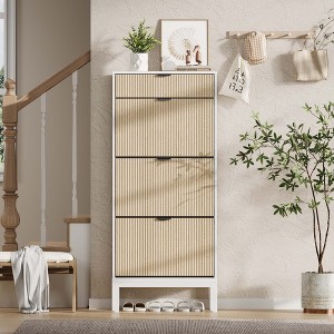Modern Fluted 3 Flip Drawer Shoe Cabient, 55.5'' H Tall Shoe Storage with Drawer, Narrow Wooden Shoe Organizer with Metal Legs, Hidden Shoe Rack - 1 of 4