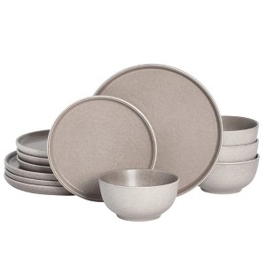Gibson Elite Eden Rock 12-Piece (Service for 4) Plates and Bowls reactive Glaze Round Dishes Stoneware Ceramic Dinnerware Set - Matte Brown - 1 of 4