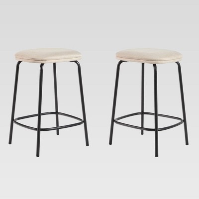 Saracina Home Rattan Back Counter Height Barstool Set Ivory: Upholstered, Steel Legs, Modern Design