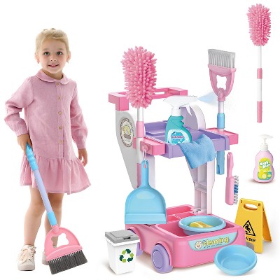 Skirfy Kids Cleaning Set Toys, 20PCS Pretend Play Housekeeping Supplies Kit ，Duster Housekeeping Cart Toys Gift for Kids, Pink