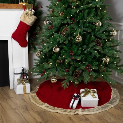 Red Cable Knit Christmas Tree Skirt with Faux Fur Trim - 48 Inch