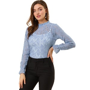 INSPIRE CHIC Women's Crochet Lace See-Through Ruffle Frill Neck Floral Elegant Blouse - 1 of 4