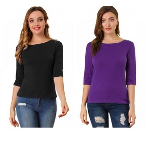 Allegra K Women's Classic Solid Elbow Sleeves Round Neck Slim Fit T-Shirts 2 Packs - 1 of 4