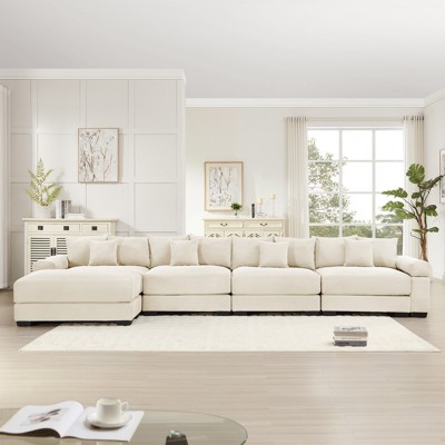 Aukfa Oversized 170" Modular Sectional Sofa with 1 Ottoman, Cream Corduroy, Thick Armrests, Ergonomic Cushions, Easy Assembly for Living Room