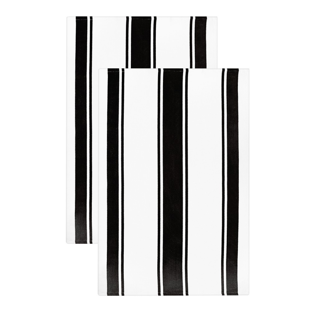 2pk Kitchen Towels Black - MU Kitchen: Cotton Stripe, Absorbent, Oversized, Dobby Weave, Machine Washable