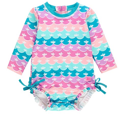 RuffleButts Long Sleeve One Piece Rash Guard | Rainbow Tie Dye