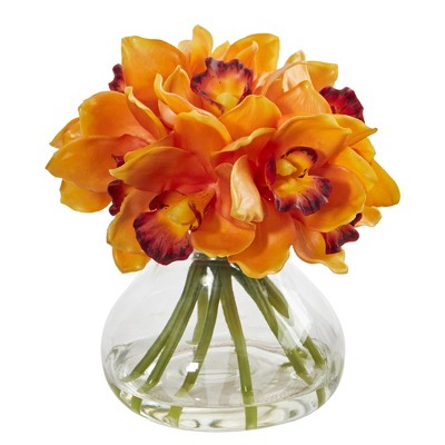 Nearly Natural Cymbidium Orchid Artificial Arrangement in Glass Vase, Orange