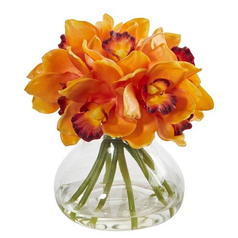 Nearly Natural Cymbidium Orchid Artificial Arrangement in Glass Vase, Orange - image 1 of 4