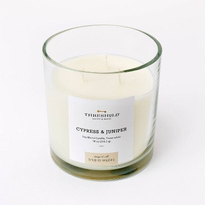 3-Wick 18oz Clear Glass Cypress & Juniper Candle White - Threshold™ designed with Studio McGee: Soy Blend, 50hr Burn Time