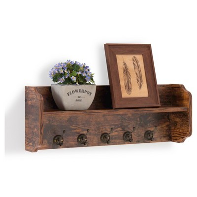 White Rustic Wood Wall Shelf With Hooks