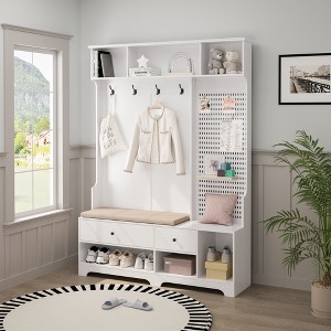 TIRAMISUBEST 4-in-1 Hall Tree with Cushioned Bench & Pegboard - Entryway Organizer, White - 1 of 4