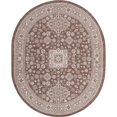 Elegant Outdoor Aztec 8' x 10' Brown Oval Synthetic Area Rug