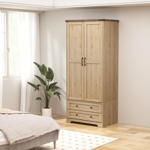 Brafabhome Modern Wood Armoire Wardrobe Closet with 2 Doors, Freestanding Wardrobe Clothes Cabinet with Drawers and Hanging Rod for Bedroom | White - 1 of 4