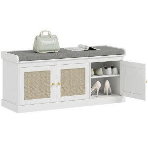 HOMCOM Shoe Storage Bench with Woven Rattan, Shoe Bench with Cushion, Adjustable Shelves, Entryway Bench for Bedroom, Living Room, White - 1 of 4