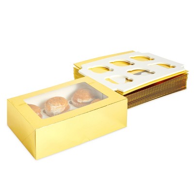 Blue Panda 15 Pack Gold Cupcake Boxes with Window and 6-Space Inserts for Packaging