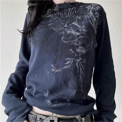 Clotth Women Y2k Fairy Grunge Shirt Vintage Graphic Print Long Sleeve Tee Tops  Gothic Slim Fit Teen Girls Aesthetic Clothes Streetwear, Dark Blue