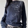 Clotth Women Y2k Fairy Grunge Shirt Vintage Graphic Print Long Sleeve Tee Tops  Gothic Slim Fit Teen Girls Aesthetic Clothes Streetwear, Dark Blue - 2 of 4