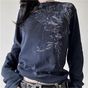 Clotth Women Y2k Fairy Grunge Shirt Vintage Graphic Print Long Sleeve Tee Tops  Gothic Slim Fit Teen Girls Aesthetic Clothes Streetwear, Dark Blue - 1 of 4