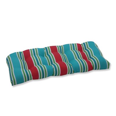 Pillow Perfect Aruba Stripe Wicker Outdoor Loveseat Cushion Turquoise/Coral