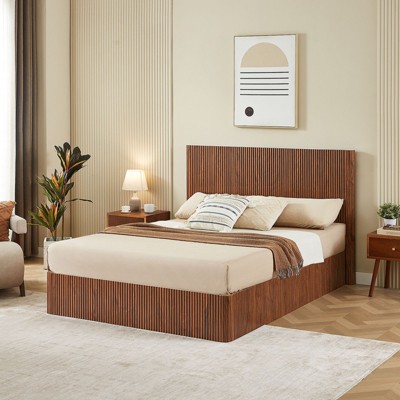 NicBex Queen Size Natural Wooden Bed Frame with Curved Lines Headboard & Hydraulic Storage,Modern Platform Bed,No Box Spring Needed