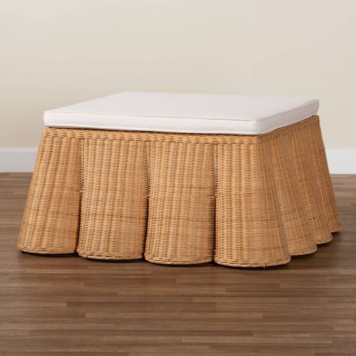 bali & pari Palm Scallop Natural Rattan Square Ottoman with Cushion Light Honey - thumbnail 7