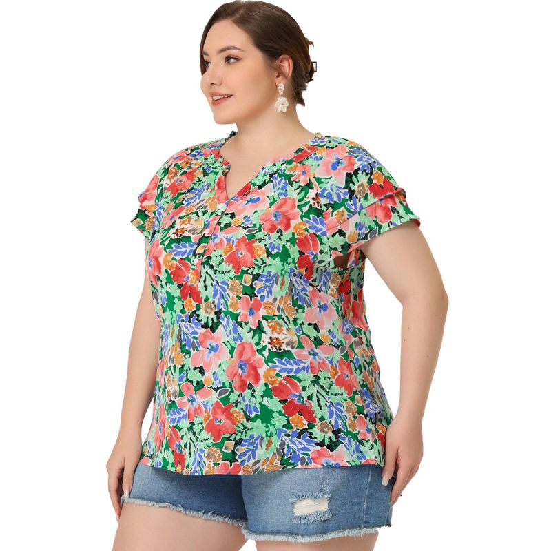 Agnes Orinda Women's Plus Size Floral Ruffle Trim V Neck Button Layered Sleeve Blouses, 4 of 7