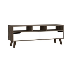Vynxaria Modern TV Stand for TVs up to 52", Dark Walnut/White Console with Three Open Shelves and Two Flexible Drawers - 1 of 4